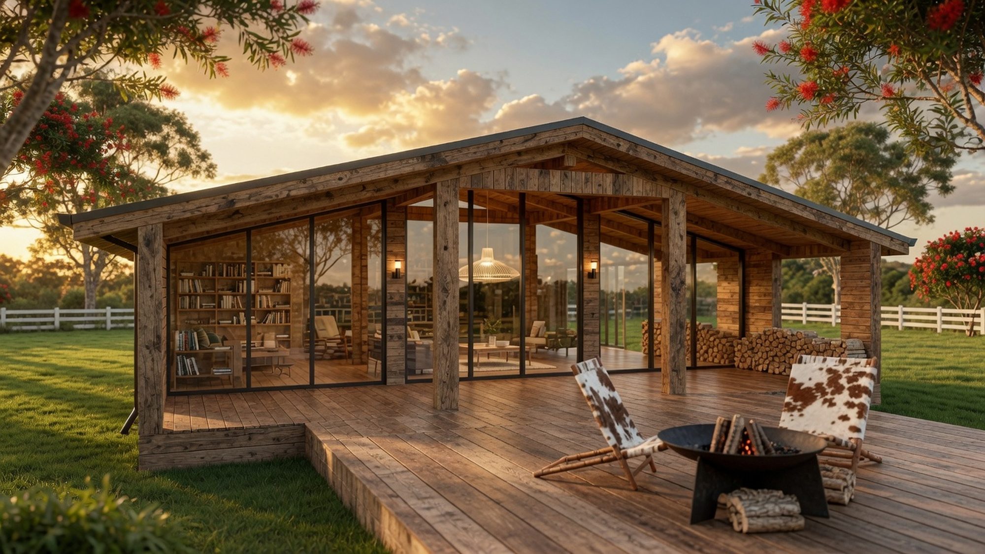 A Ready.Steady.Home home with a timber deck and fire pit, under gum trees