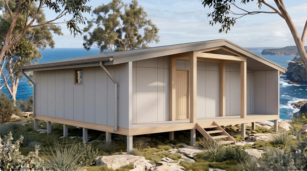MEDIUM HOUSE 100 — exterior render of the entry and left elevation