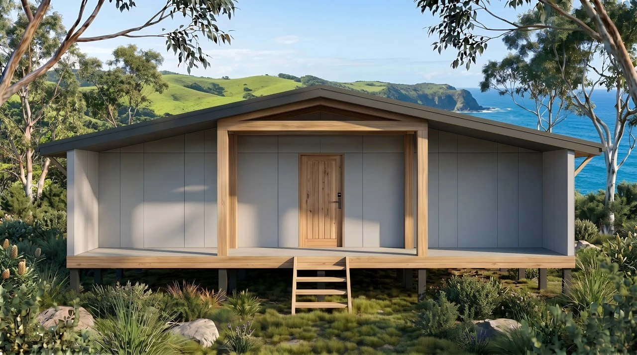 SMALL HOUSE 90 — exterior render of the entry porch and steps